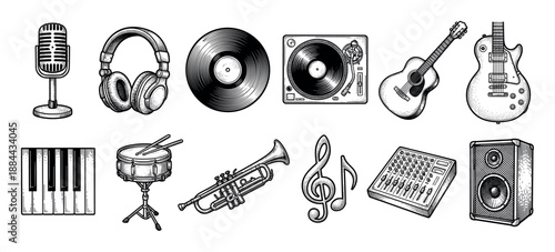 Set of musical instruments and equipment in a vintage black and white engraving style, including guitar, microphone, headphones, vinyl record, turntable, drum, and piano keys