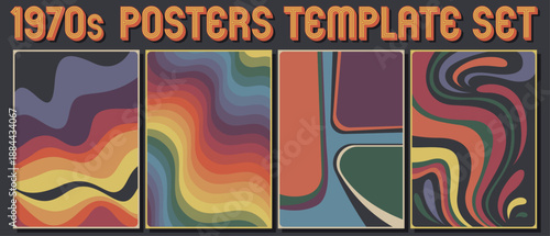 1970s Colors and Shapes Background Set, Vintage Posters Style Illustrations. Waves and Color Lines