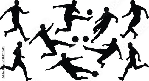 Soccer player silhouettes set showing dynamic football actions kicks and jumps, black vector athletes isolated on white background for sport, training, competition and design use