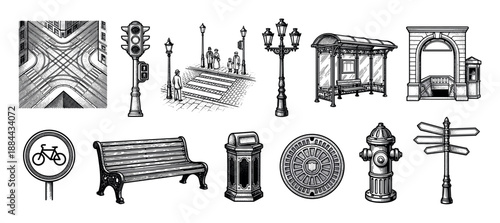 Set of vintage city street elements including a traffic light, bench, bus stop, and hydrant in a detailed black and white hand-drawn engraving style illustration