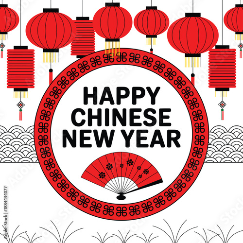 Celebrating chinese new year with red lanterns isolated on white background, Vector, illustration