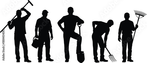 Silhouette Illustration of Gardeners with Tools in Various Poses, Black and White Outdoor Work Scene