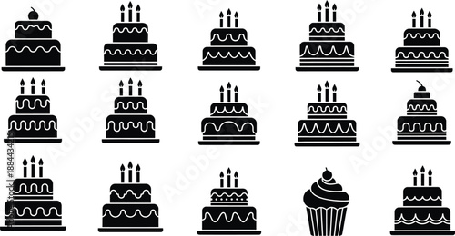 Collection of black and white birthday cake illustrations