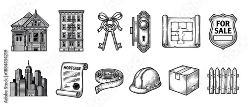 Real estate and moving icon set hand-drawn in a vintage black and white engraving style with a house, keys, mortgage document, for sale sign, and construction elements