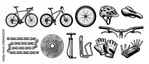 Collection of bicycle parts and accessories including a road bike, mountain bike, helmet, gloves, and repair tools in a detailed black and white vintage engraving illustration style