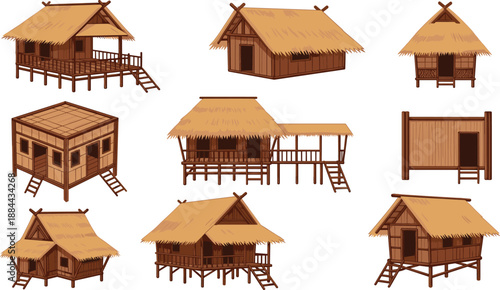Traditional bamboo and wooden stilt houses illustration set with thatched roofs, rural village hut architecture designs isolated on white background for cultural and game assets