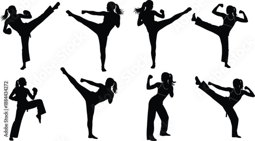 Silhouette of woman performing various martial arts kicks and punches
