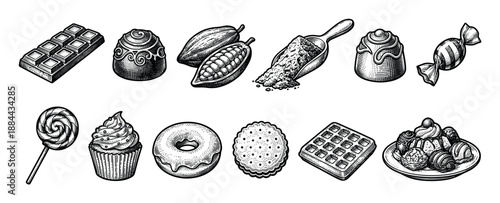 Collection of hand-drawn sweets and chocolates in a vintage engraved style, including a bar, cacao pods, cupcake, donut, waffle, and assorted pralines on a plate