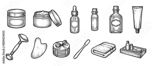 Engraved style skincare and beauty products set including cream, serum, oil, roller, and gua sha stone in a detailed vintage black and white illustration