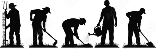 Silhouette Illustration of People Performing Gardening Tasks with Tools, Black and White Agricultural Scene