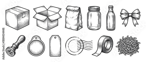 Collection of vintage packaging and shipping items including cardboard boxes, a paper bag, glass jar, bottle, bow, wax seal, tags, postmark, tape, and shredded paper filler