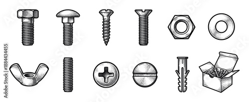 Large set of metal hardware fasteners including screws, bolts, nuts, a washer, and a wall anchor drawn in a detailed vintage black and white engraving vector illustration style