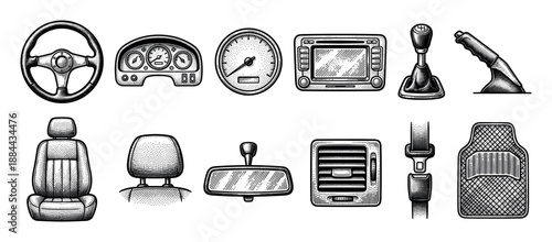 Set of twelve car interior parts including a steering wheel, seat, dashboard, and gear shifter, illustrated in a detailed black and white vintage engraving style