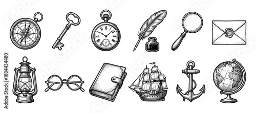 Collection of vintage adventure and travel icons including a compass, ship, anchor, globe, key, watch, quill, and lantern in a black and white engraving illustration style