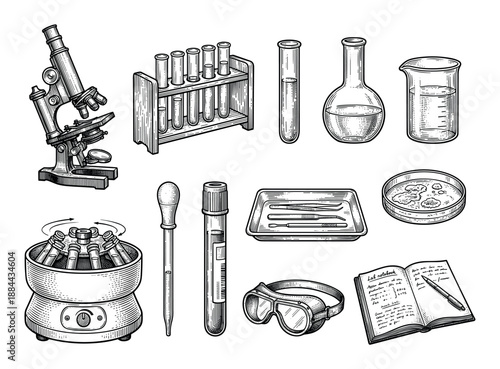 Collection of vintage laboratory equipment illustrations including a microscope, test tubes, flask, and beaker in a classic black and white engraved woodcut style for scientific concepts