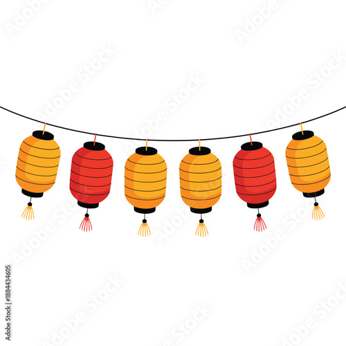 Colorful lanterns hanging in a row isolated on white background, Vector, illustration