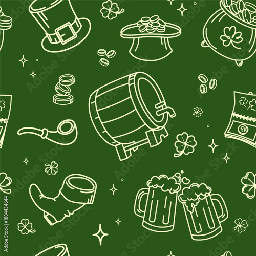 Seamless St Patricks Day pattern with outline icons of beer mugs, coins, clovers, leprechaun hat on green for festive wrapping paper, holiday greeting cards, textile prints, party invitations.Vector