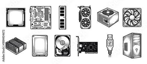 Set of computer hardware components including a motherboard, CPU, GPU, and RAM in a detailed black and white vintage engraving style illustration for technology concepts