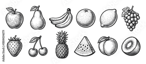 Collection of twelve different fresh fruits drawn in a vintage black and white engraving style, featuring apple, pear, banana, orange, lemon, grape, strawberry, and cherry