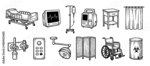 Set of medical hospital equipment illustrations including a bed, wheelchair, heart monitor, and IV drip, drawn in a detailed black and white vintage engraving style