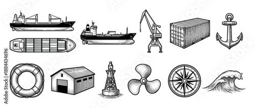 Set of black and white nautical icons including a cargo ship, tanker, crane, container, anchor, and compass rose, all rendered in a detailed vintage engraving illustration style
