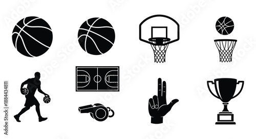 Black and white illustration depicting multiple basketballs and a hoop outline