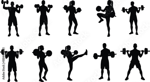 Silhouettes of people exercising with dumbbells and kicking