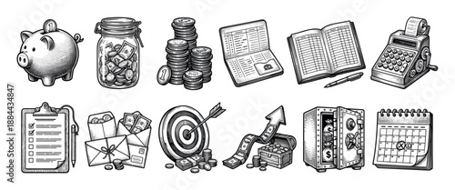 Large set of finance icons in a vintage black and white engraved style showing a piggy bank, safe, money, and calendar for business, banking, and investment concepts