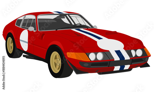 Classic red Italian-style grand tourer race car with white stripes, Red retro endurance racer vector isolated on white background