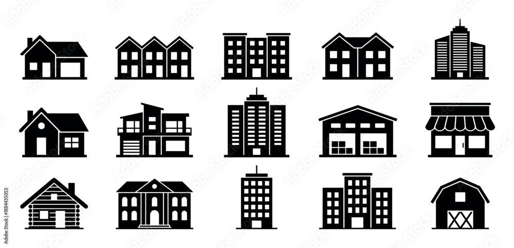 Fototapeta premium Collection of black building icons representing various types of architecture, including residential houses, apartments, skyscrapers, a warehouse, a store, and a barn