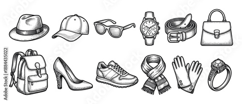 Vintage style set of fashion accessories including a hat, cap, sunglasses, watch, belt, bag, backpack, shoe, sneaker, scarf, gloves, and ring in a detailed hand-drawn engraving illustration