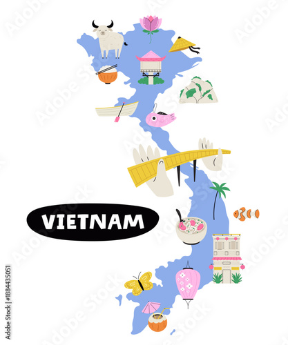 Vietnam Illustrated Map with Cultural Symbols, Food, Nature and Landmarks. Cute Flat Vector Travel Illustration