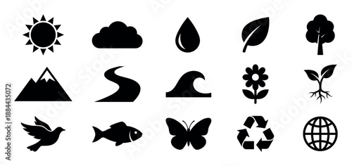 Collection of black nature and ecology icons in a simple flat glyph style, featuring a sun, cloud, water, leaf, tree, mountain, river, wave, flower, sprout, bird, fish, recycle, and globe
