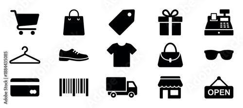Set of fifteen black shopping icons including a cart, bag, price tag, gift, cash register, clothing, and payment symbols for e-commerce and retail concepts