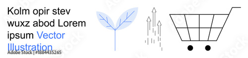 E-commerce, sustainability, growth, eco-friendly business, sales trends, online shopping. A shopping cart, arrow symbols and a leaf. E-commerce and sustainability