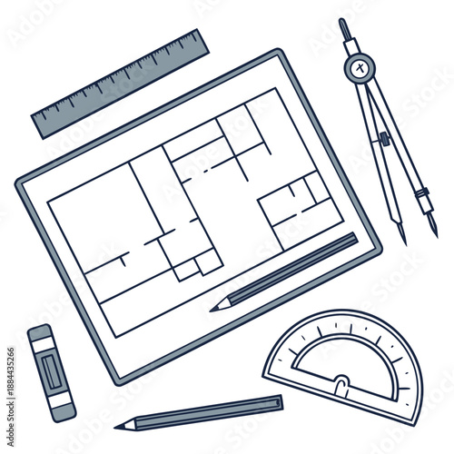 Engineer's desk with blueprint and tools, flat lay