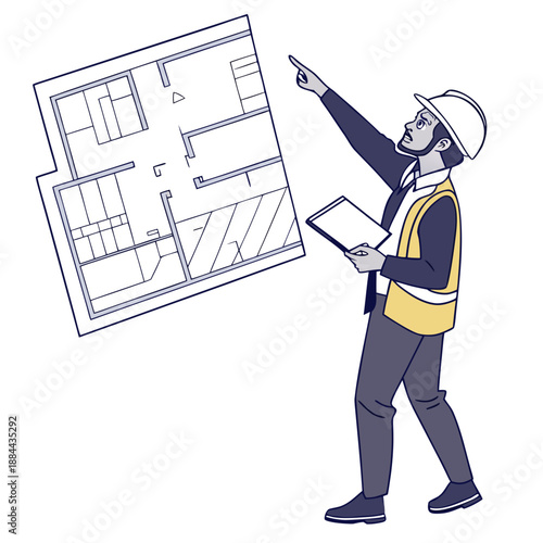 Engineer pointing at imaginary building plan, white background