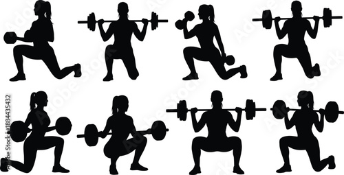 Silhouette of a person performing various weighted lunges