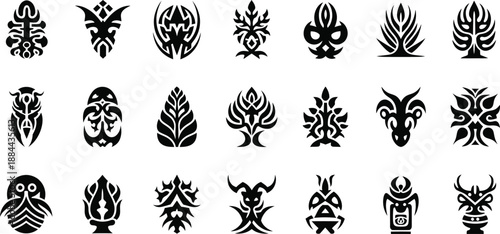 Collection of 20 unique black and white tribal style symbols