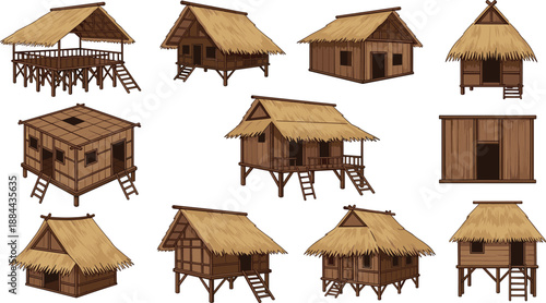 Traditional bamboo and wooden stilt huts with thatched roofs, illustrated village house set showing tribal rural architecture for games, education, and cultural design