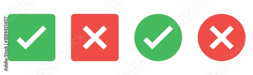Check mark icon button set. Check box icon with right and wrong buttons and yes or no checkmark icons in green tick box and red cross. Green checkmark and red x sign. Symbols of approval and Decline.