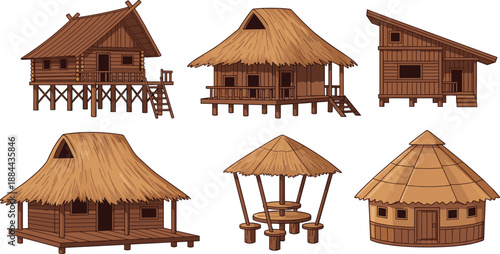 Traditional wooden and bamboo houses with thatched roofs illustration set showing rural village huts, stilt homes, and shelters isolated on white background for cultural design