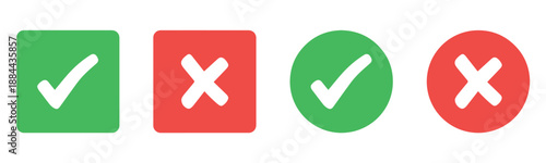Check mark icon button set. Check box icon with right and wrong buttons and yes or no checkmark icons in green tick box and red cross. Green checkmark and red x sign. Symbols of approval and Decline.