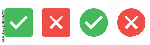 Check mark icon button set. Check box icon with right and wrong buttons and yes or no checkmark icons in green tick box and red cross. Green checkmark and red x sign. Symbols of approval and Decline.
