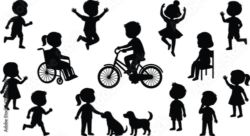 Silhouettes of children in diverse activities and abilities, illustrating play, inclusion, and joyful movement
