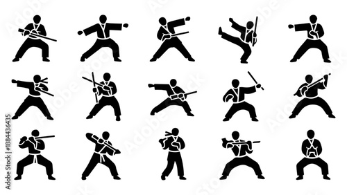 Martial arts poses in black and white showcasing dynamic movement and form silhouette