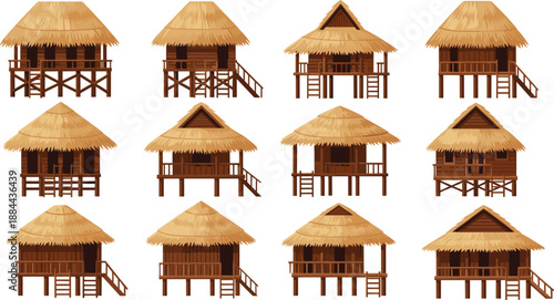 Traditional wooden stilt huts with thatched roofs illustration set showing rural village houses, tribal architecture designs isolated on white background for cultural and architectural projects