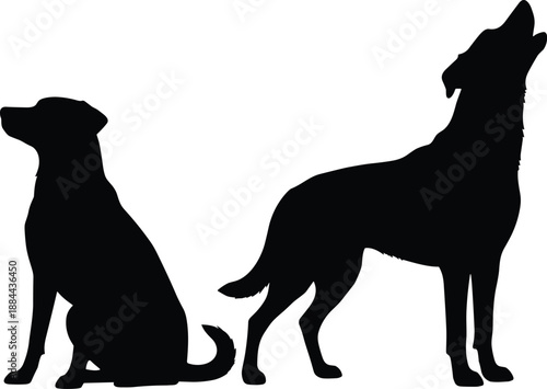 Silhouettes of dogs in sitting and howling postures, illustrating canine behavior and emotional expression