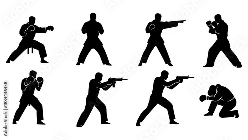 Dynamic action poses of fighters and shooters depicted in a striking silhouette