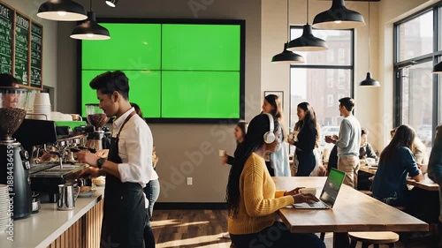A bustling coffee shop with a green screen on the wall and a barista preparing drinks on transparent background for video content